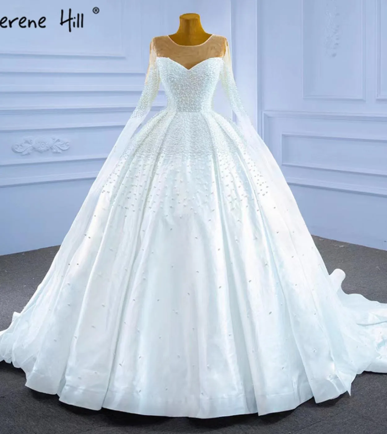 Abiti da sposa in raso bianco musulmano di Serene Hill Abiti da sposa di fascia alta con perline in rilievo Hm67279 Abiti da spo