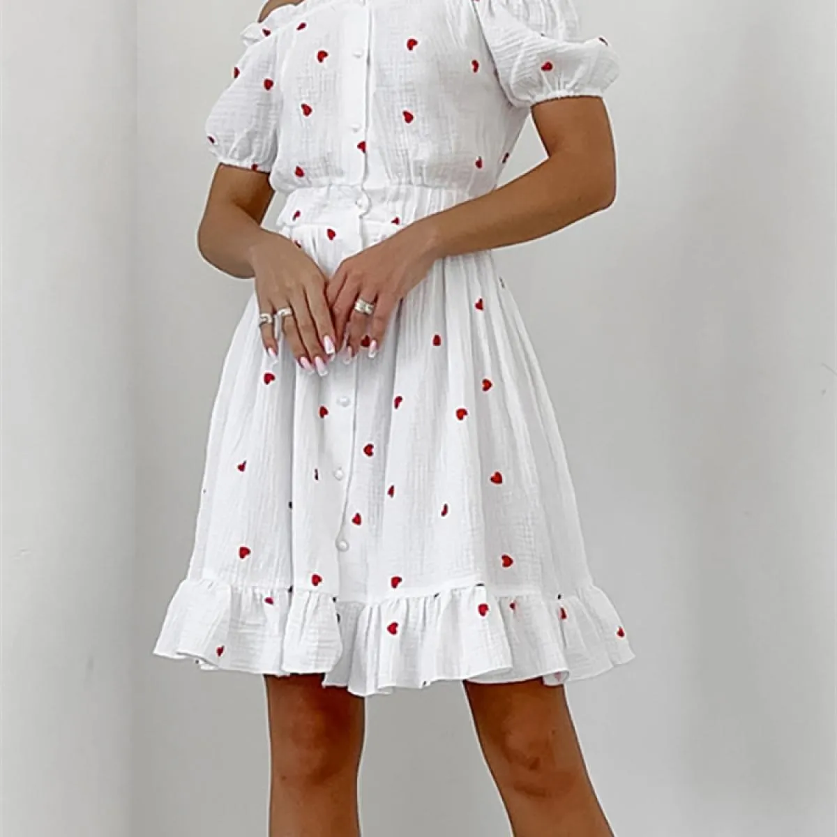 Mini abito patchwork stampato con volant per donna Abito estivo da donna con spalle scoperte e vita alta