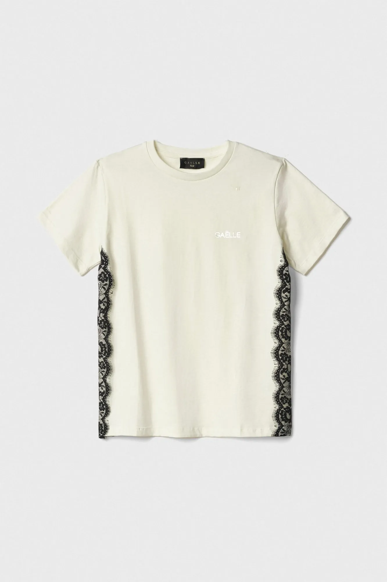 T-Shirt Paricollo Mezza Manica Con Inserti In Pizzo Off White - Gaëlle Paris